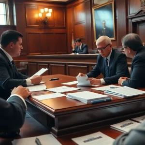 Dramatic courtroom scene depicting a legal case