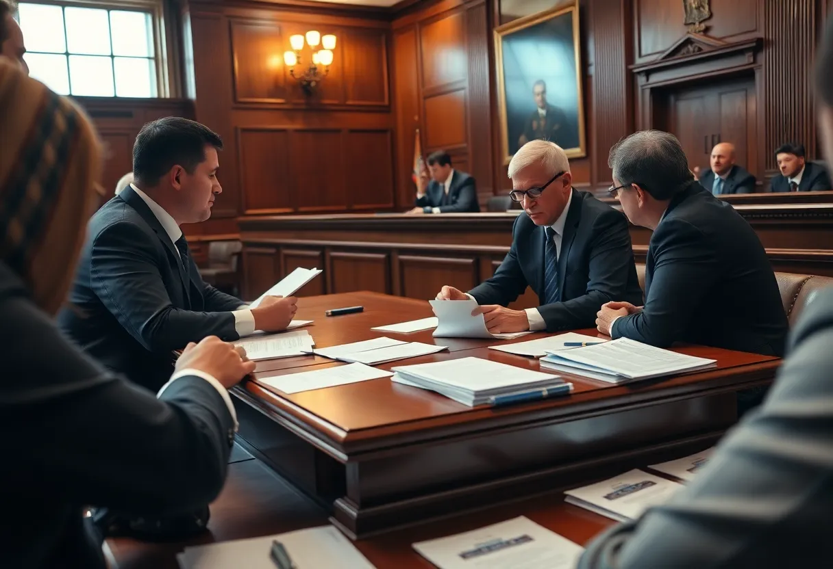 Dramatic courtroom scene depicting a legal case