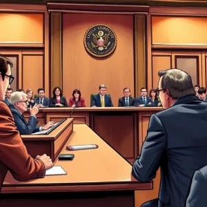 Courtroom scene depicting tension during a lawsuit hearing
