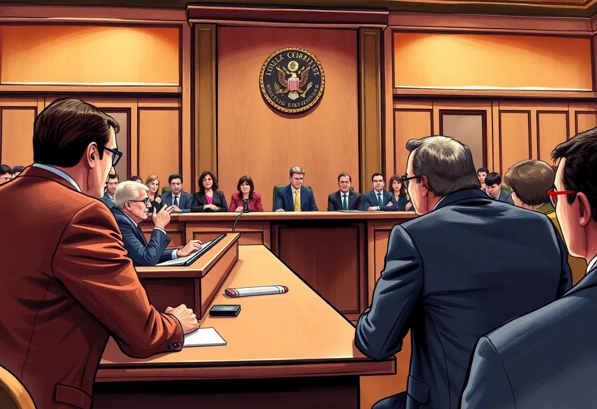 Courtroom scene depicting tension during a lawsuit hearing