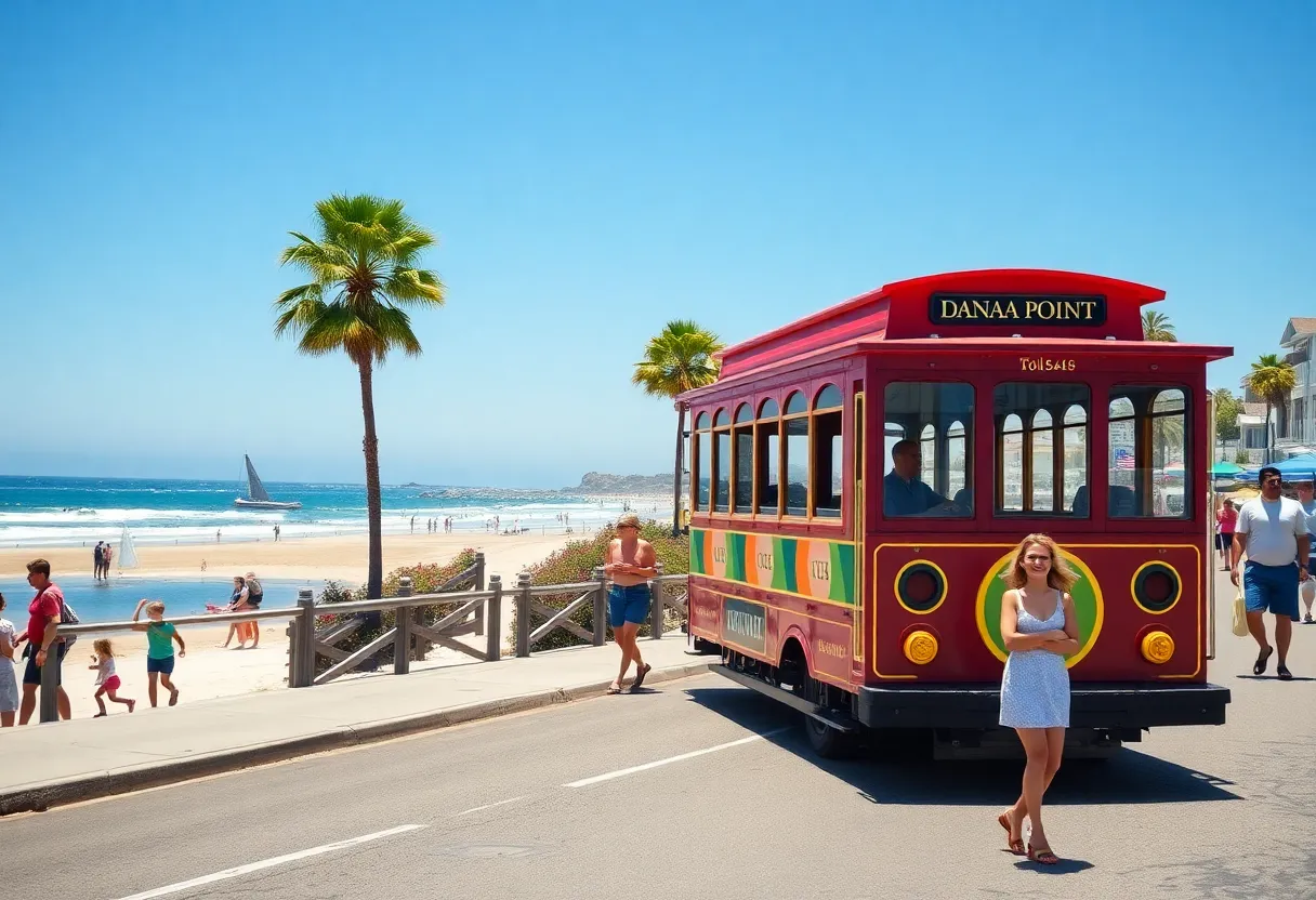 Free summer trolley in Dana Point surrounded by a beach atmosphere.