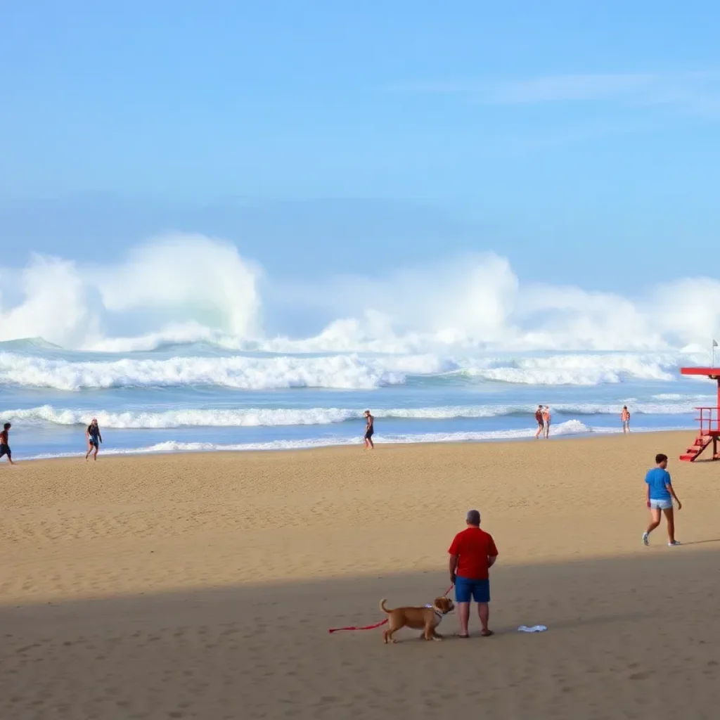 Rough surf at a Southern California beach with lifeguards monitoring the situation.