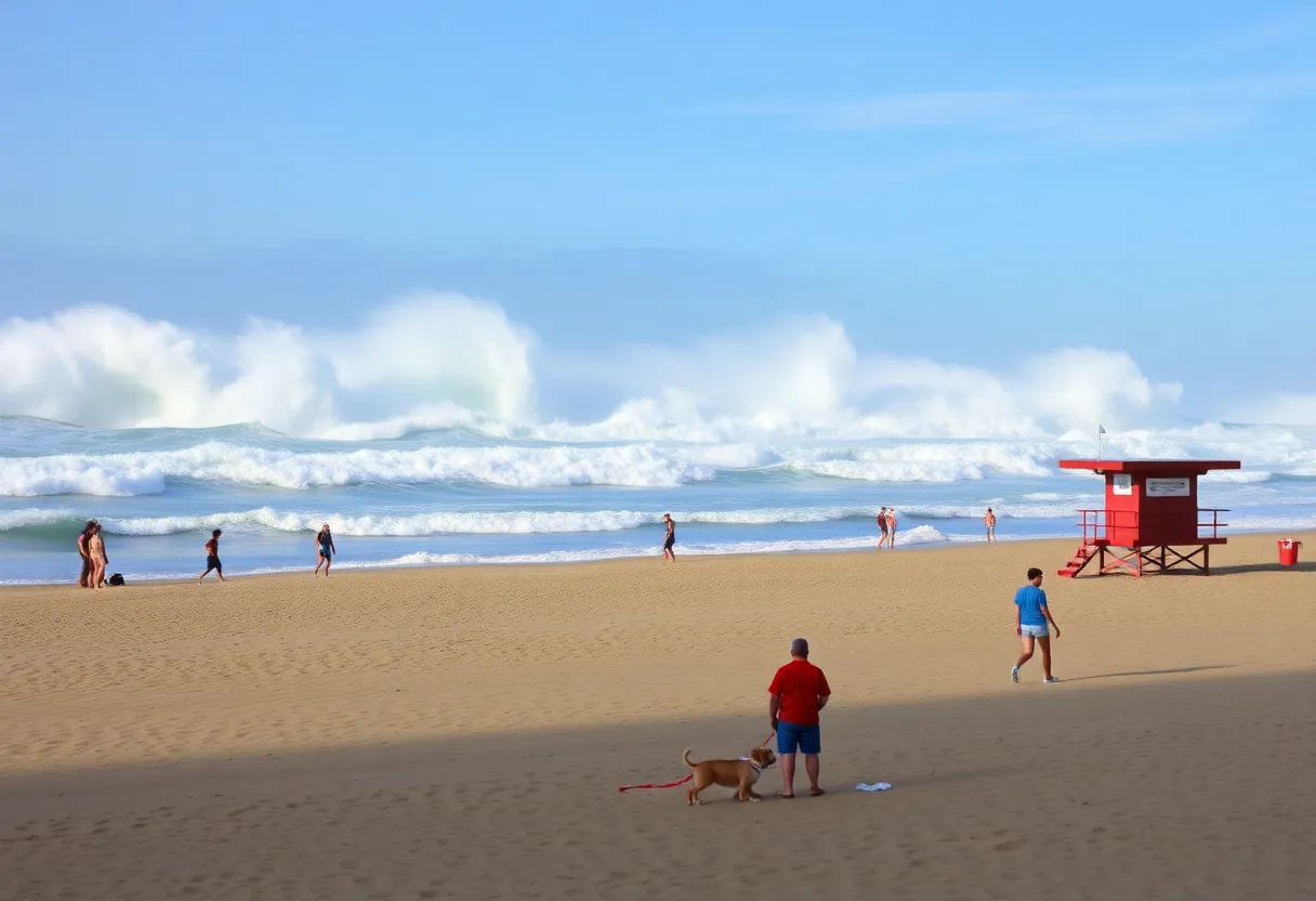 Rough surf at a Southern California beach with lifeguards monitoring the situation.