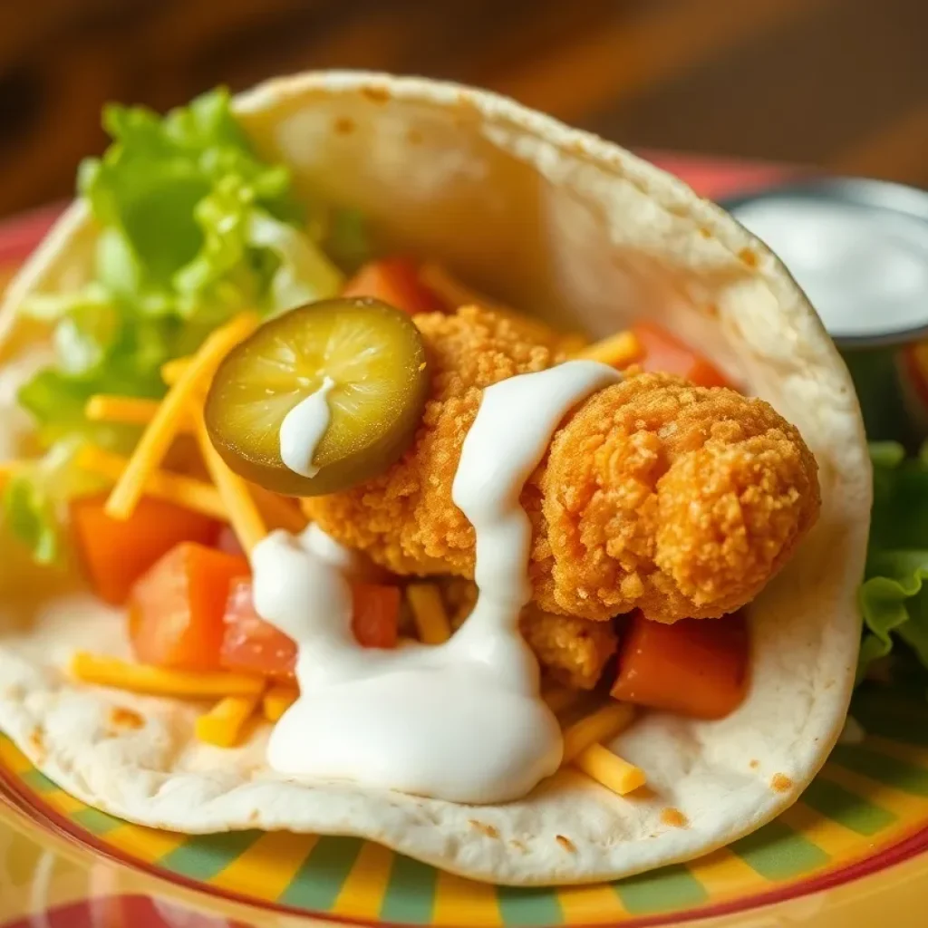Fried pickle taco with dill pickle spear, lettuce, and ranch sauce