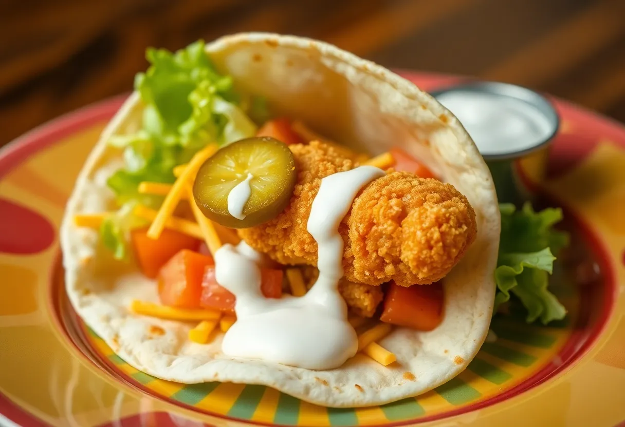 Fried pickle taco with dill pickle spear, lettuce, and ranch sauce