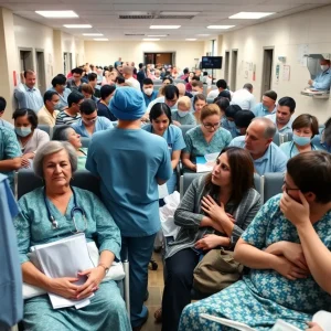 Patients in hospital waiting room during stroke care suspension