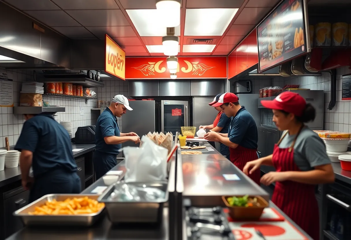 Fast-food workers in a busy kitchen environment