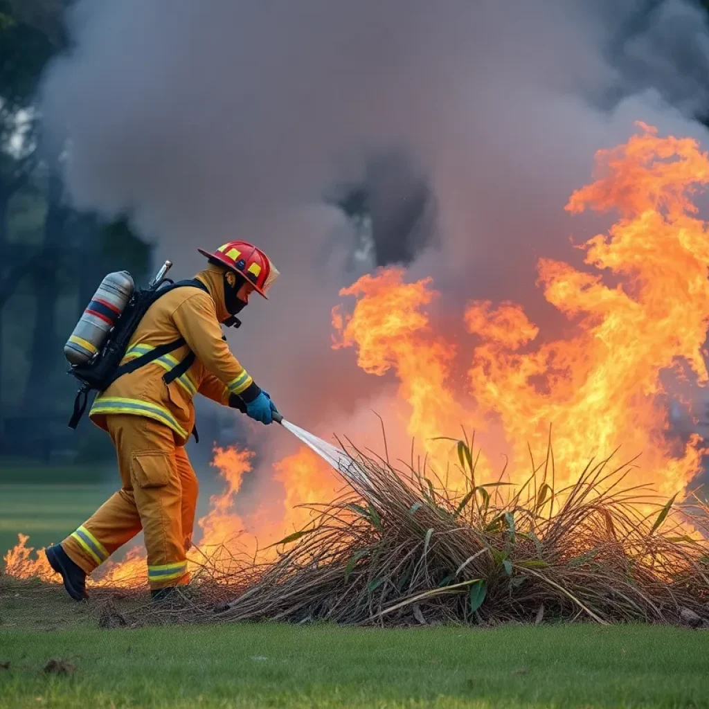 Firefighters controlling a vegetation fire at the Central Park Equestrian Center in Huntington Beach.