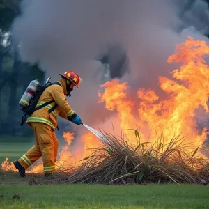 Firefighters controlling a vegetation fire at the Central Park Equestrian Center in Huntington Beach.