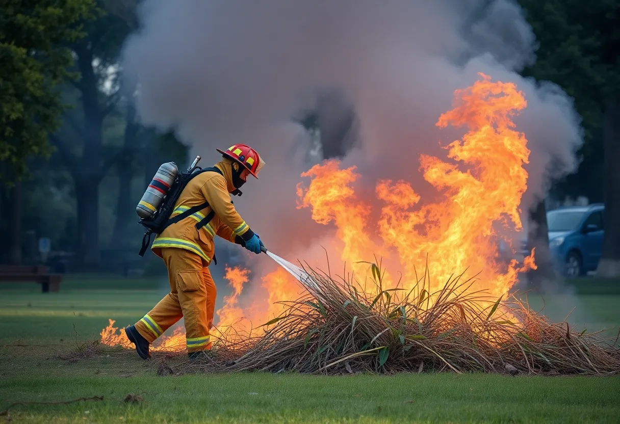 Firefighters controlling a vegetation fire at the Central Park Equestrian Center in Huntington Beach.