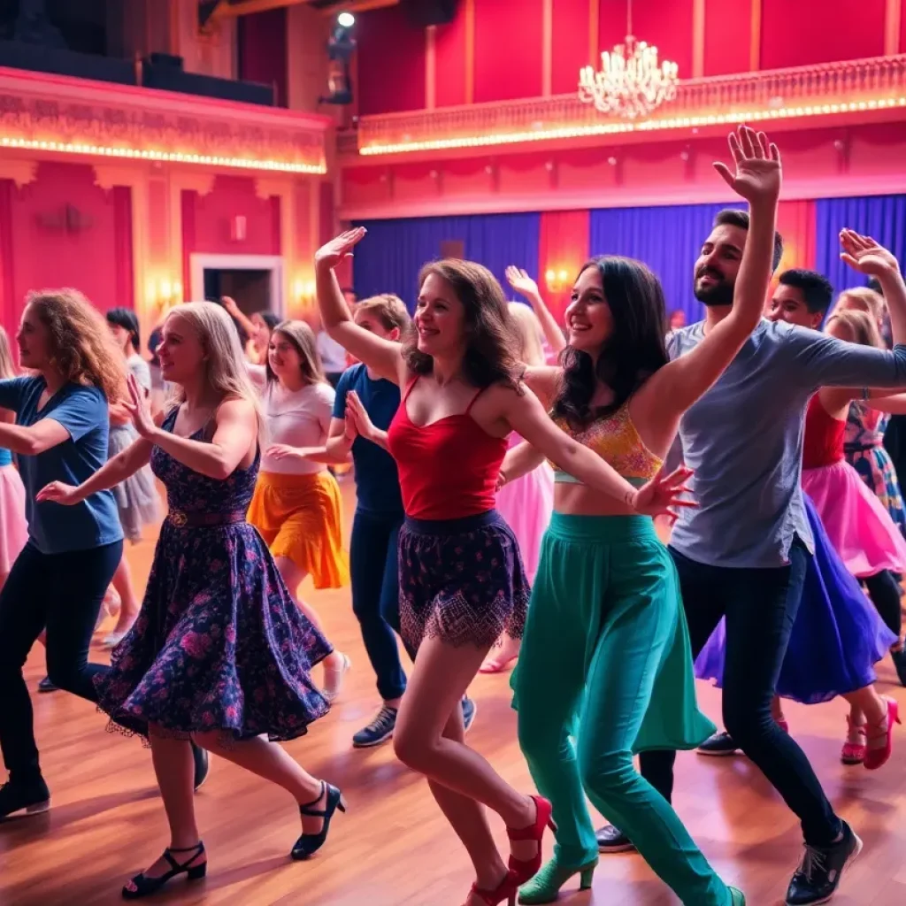Rehearsal scene from Footloose musical with dancers in colorful costumes
