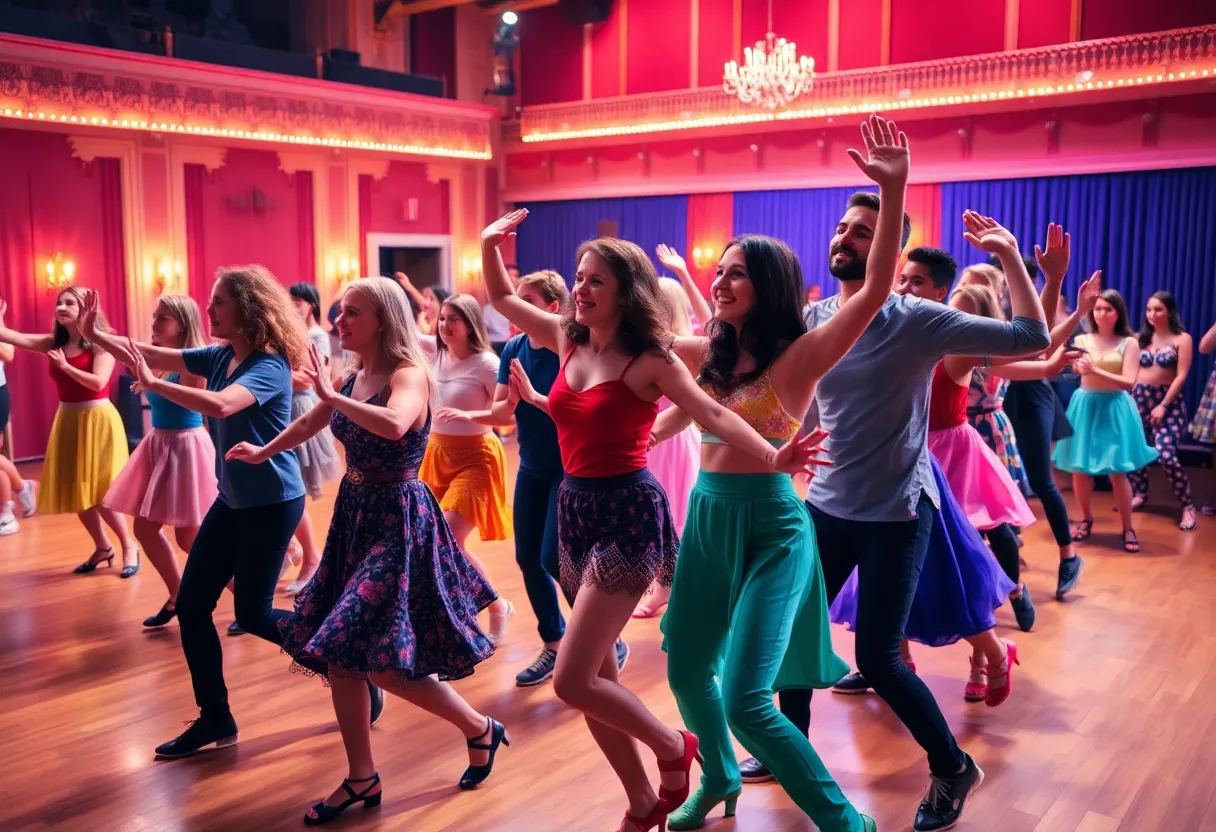 Rehearsal scene from Footloose musical with dancers in colorful costumes