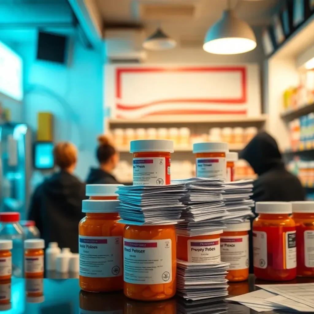 Depiction of a fraudulent pharmacy operation with prescription papers
