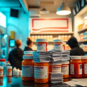 Depiction of a fraudulent pharmacy operation with prescription papers