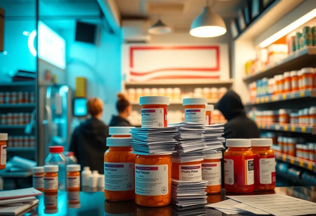 Depiction of a fraudulent pharmacy operation with prescription papers