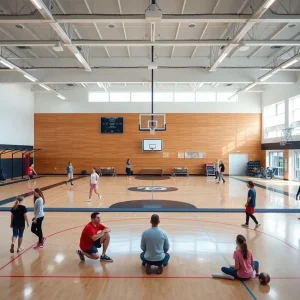 Interior view of Freed Center gymnasium with students exercising