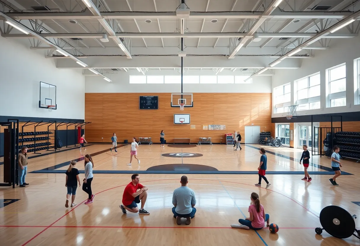 Interior view of Freed Center gymnasium with students exercising
