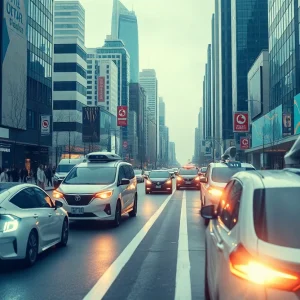 Urban landscape featuring autonomous vehicles and technology integration
