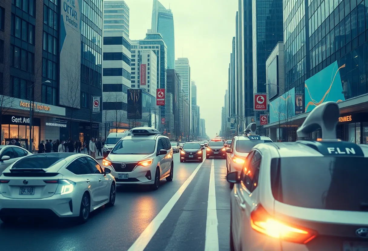 Urban landscape featuring autonomous vehicles and technology integration