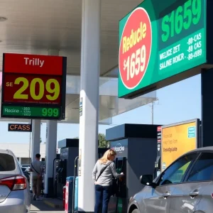 Gas prices sign showing lower prices at a gas station in Los Angeles.
