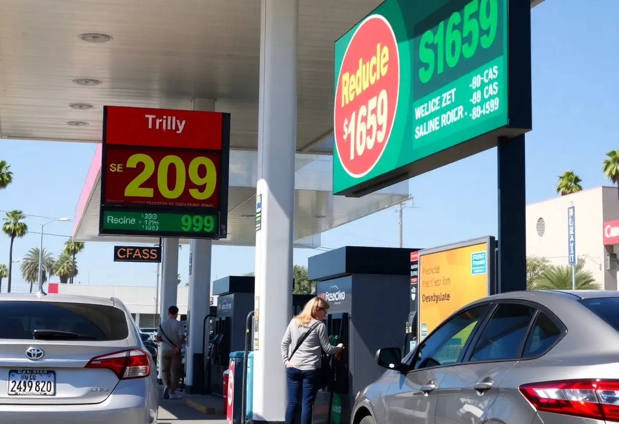 Gas prices sign showing lower prices at a gas station in Los Angeles.
