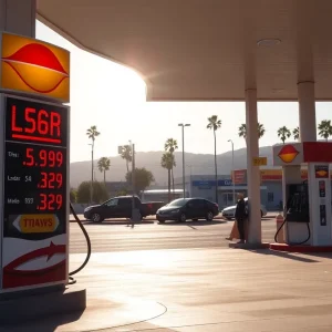 Gas station showing reduced gas prices in Los Angeles.