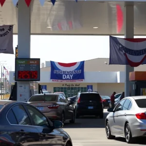 Gas station in Los Angeles celebrating lower gas prices for Independence Day.