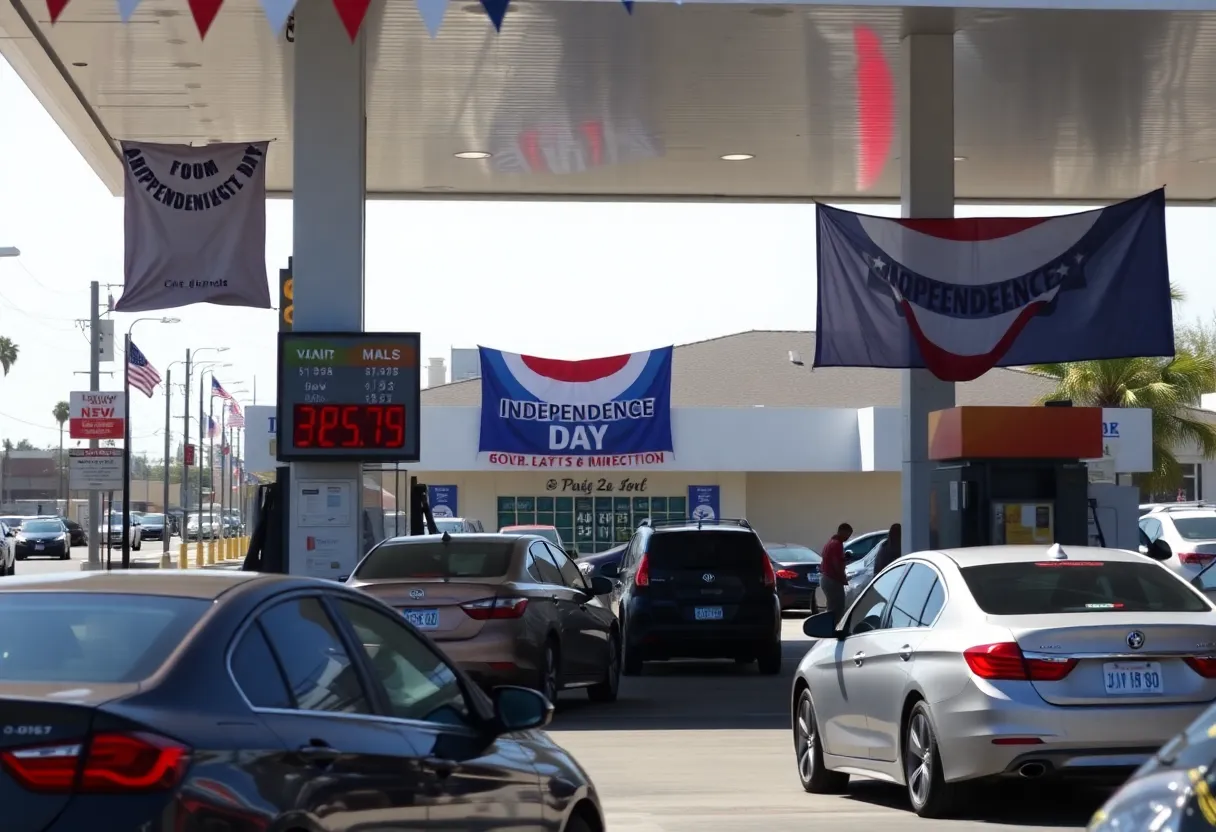 Gas station in Los Angeles celebrating lower gas prices for Independence Day.
