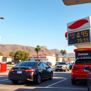 Gas station in Los Angeles with decreasing prices displayed