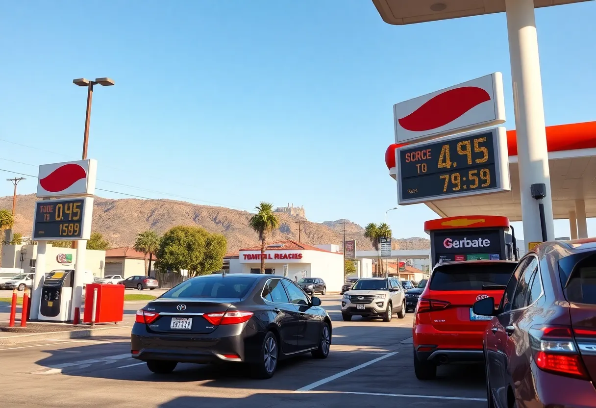 Gas station in Los Angeles with decreasing prices displayed
