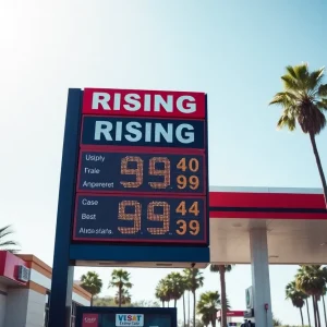 Gas station sign displaying rising gas prices in California