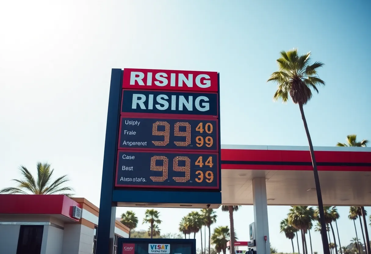 Gas station sign displaying rising gas prices in California