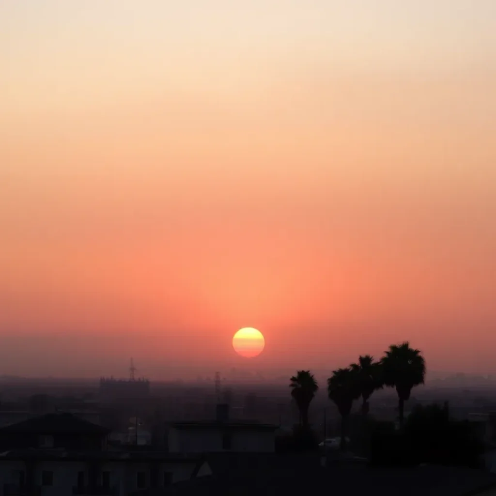 View of Southern California skyline shrouded in haze due to air pollution