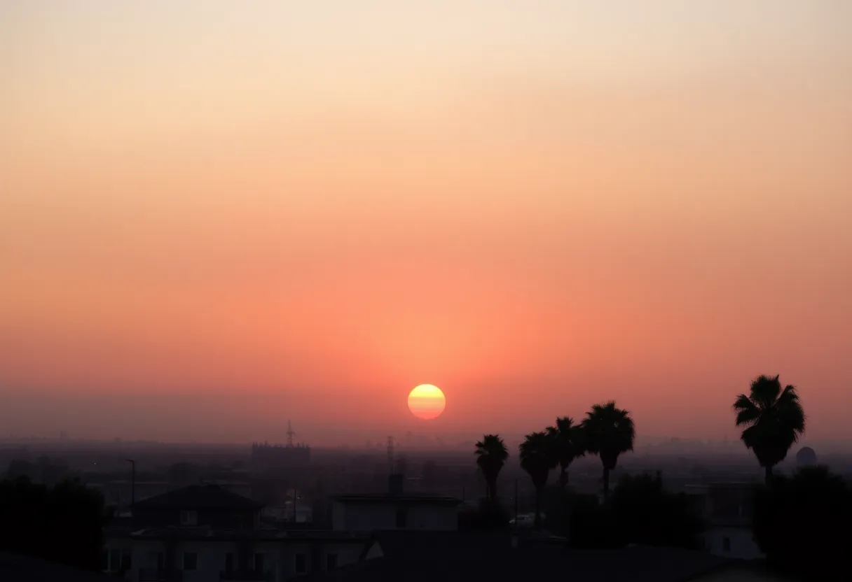 View of Southern California skyline shrouded in haze due to air pollution