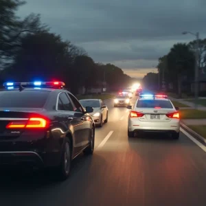 Police cars in pursuit during a high-speed chase in a residential area