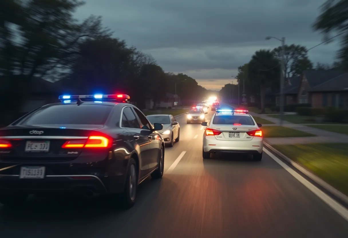 Police cars in pursuit during a high-speed chase in a residential area
