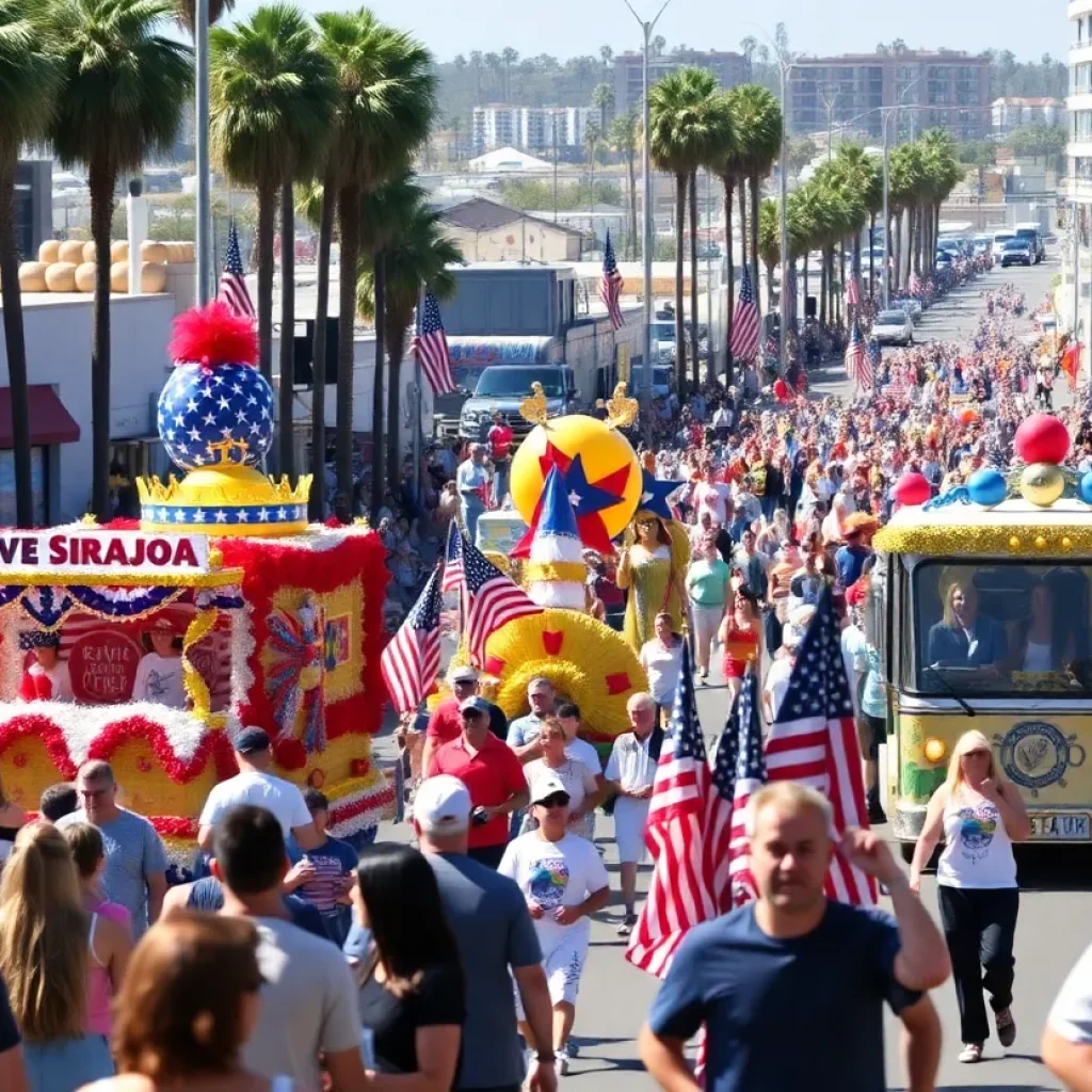 Crowds enjoying the Huntington Beach 4th of July Parade with decorated floats and festivities.