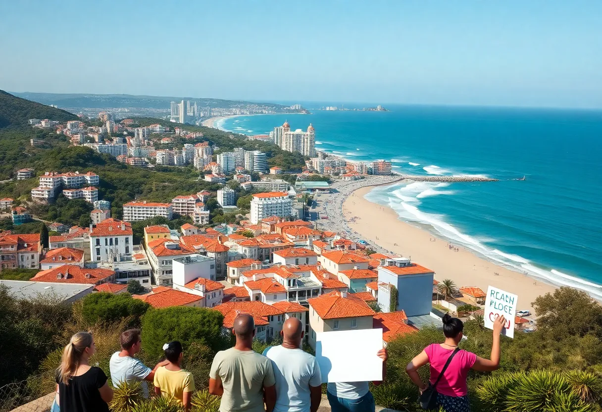 Vibrant coastal city with people engaging in community activities.