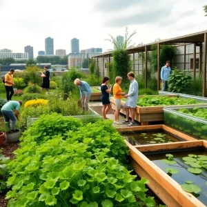 Community garden in Huntington Beach with urban plants and aquaculture.