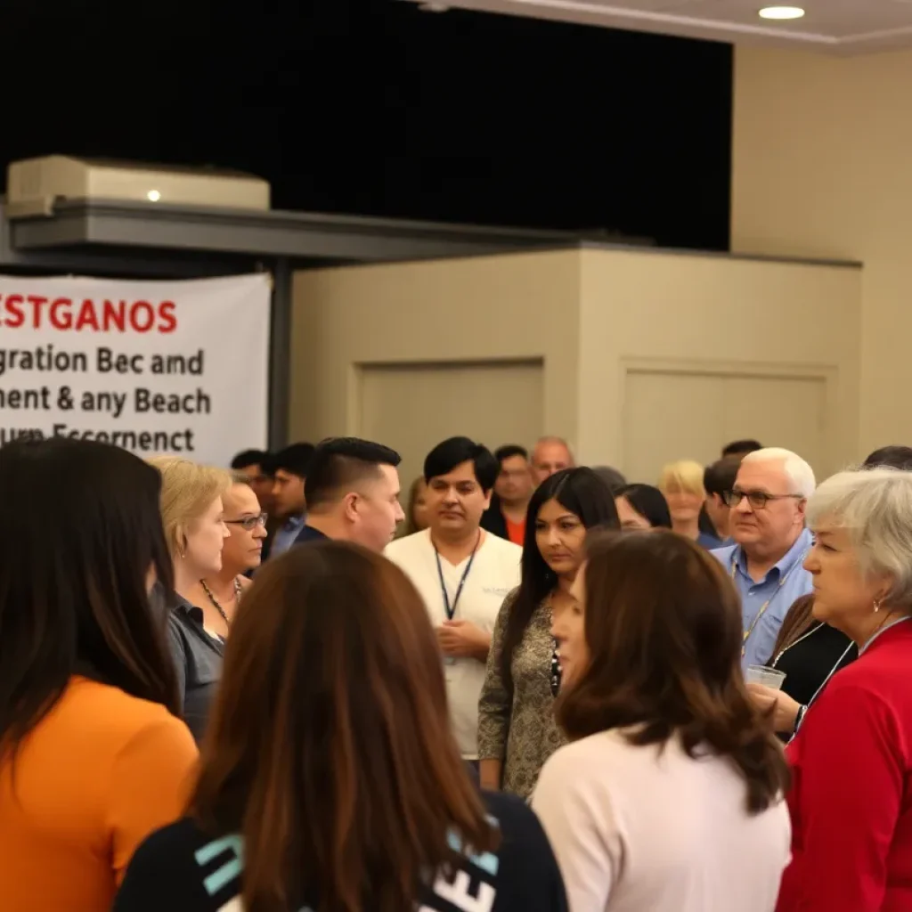 Community members in Huntington Beach attending a meeting about immigration concerns.