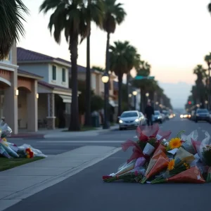 Quiet street in Huntington Beach with floral tributes.