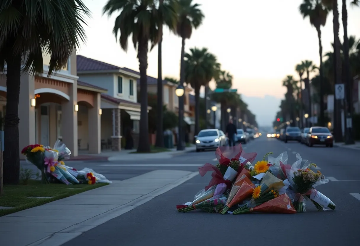Quiet street in Huntington Beach with floral tributes.