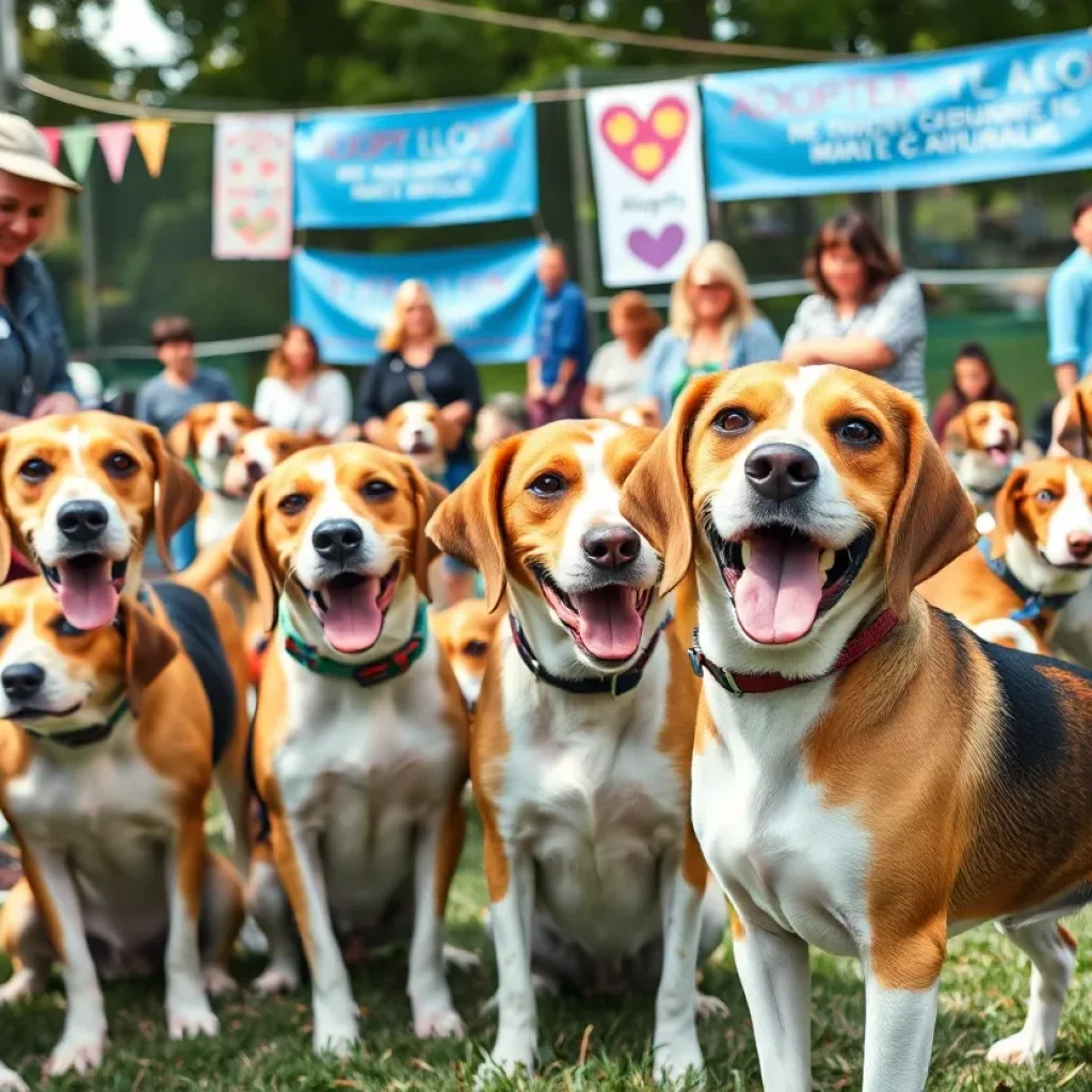 Community members interacting with dogs at an adoption event