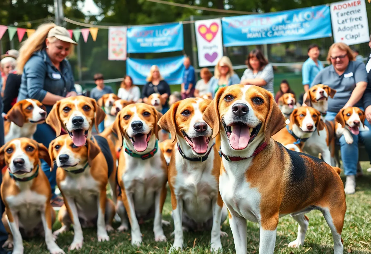 Community members interacting with dogs at an adoption event