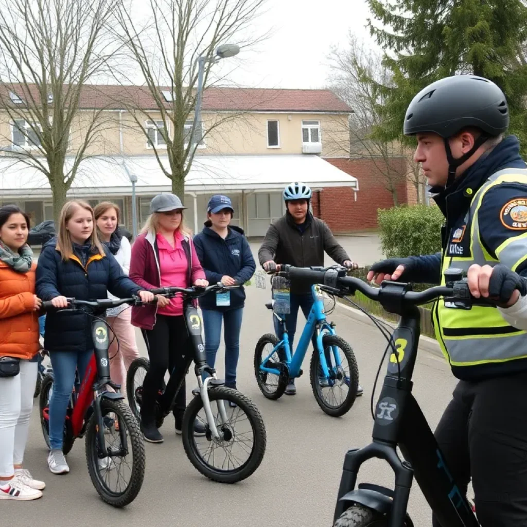 Youth participating in an e-bike safety class with police instruction.