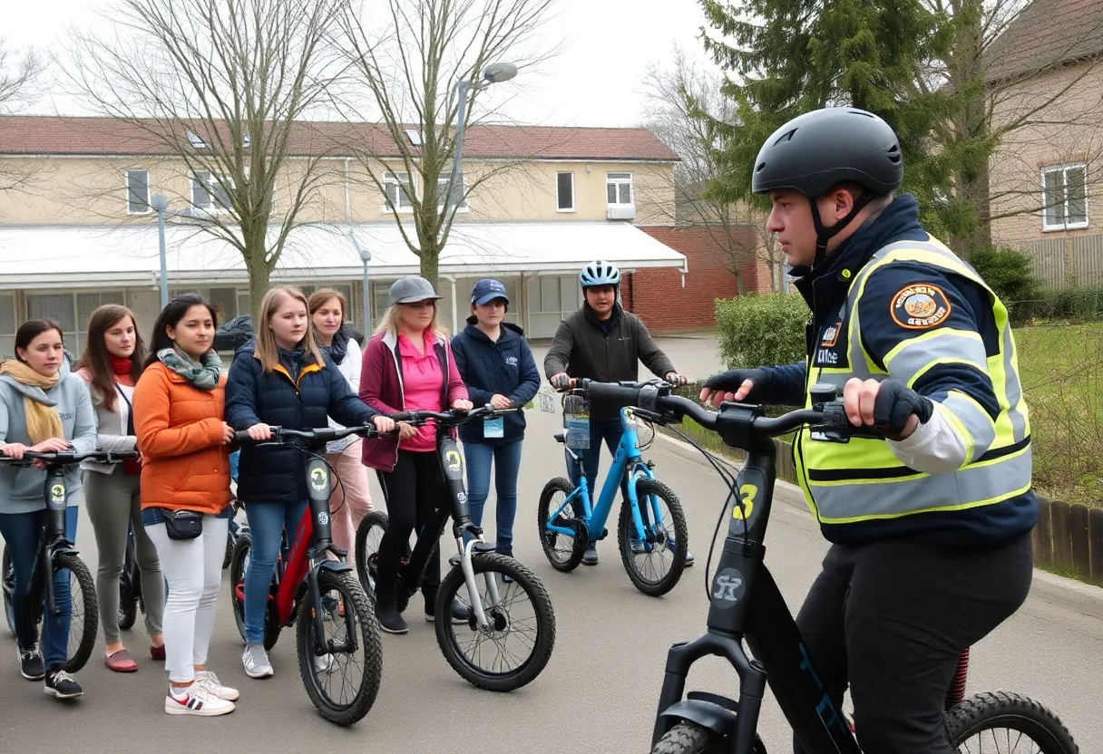 Youth participating in an e-bike safety class with police instruction.