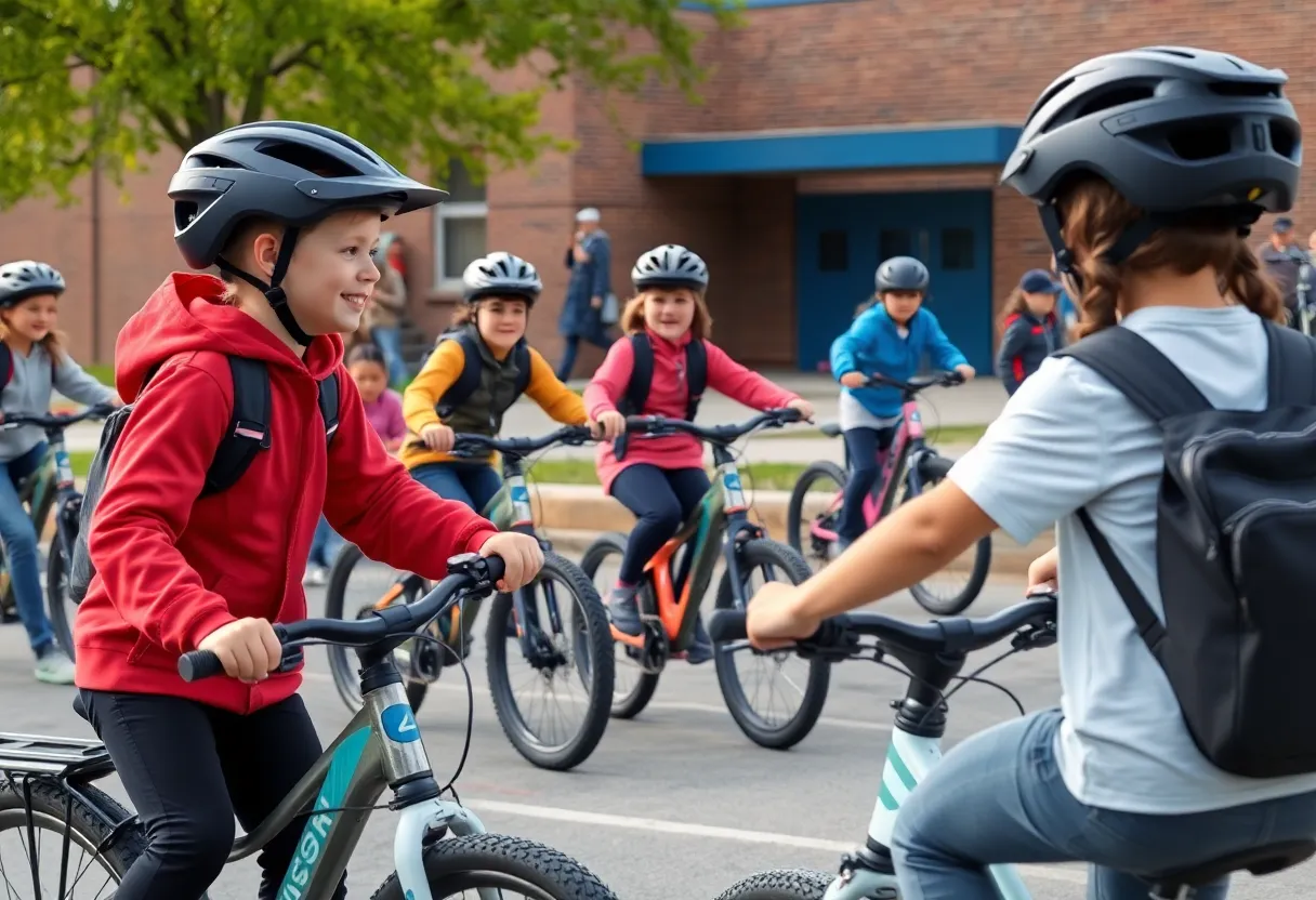 Children engaging in e-bike safety training at a school