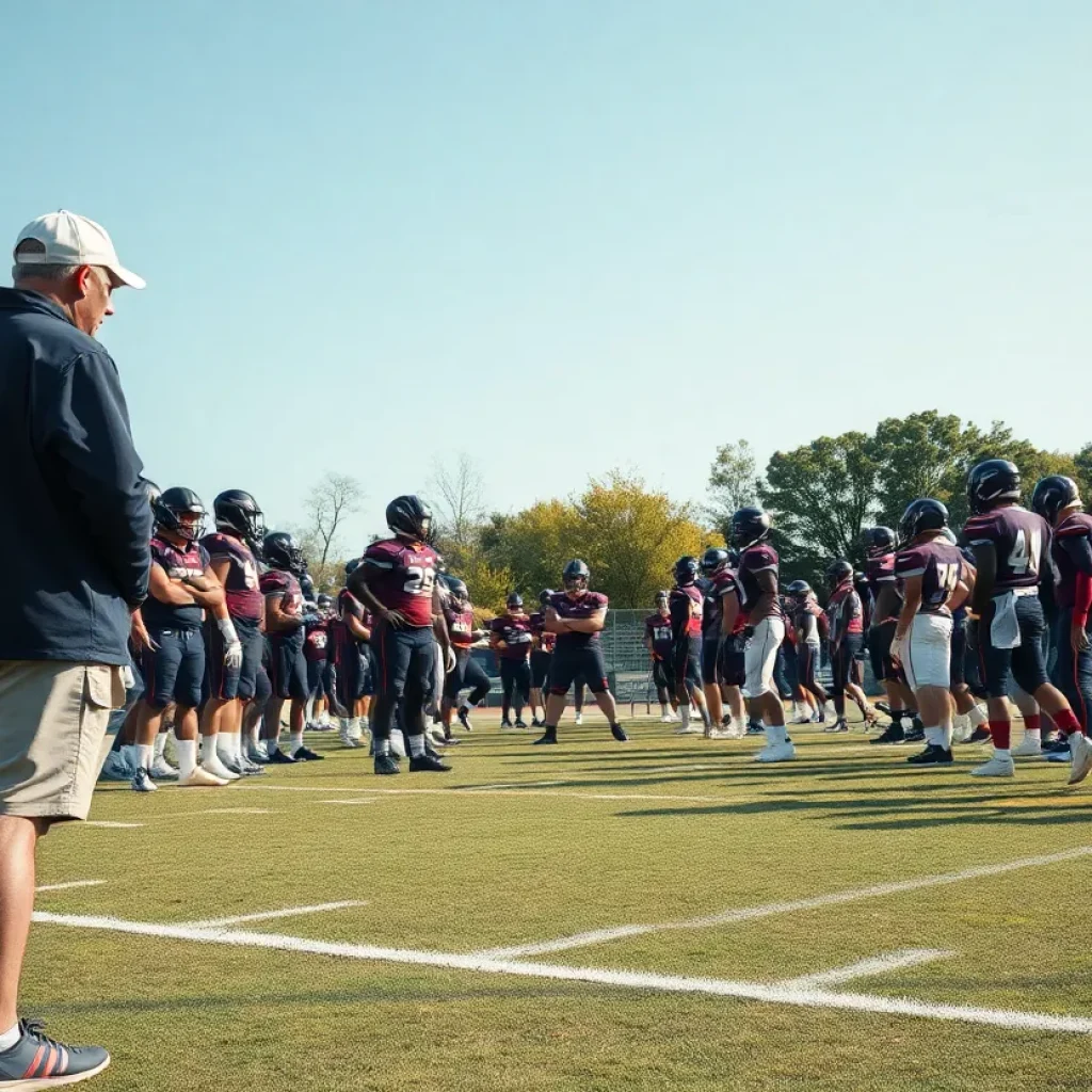 Huntington Beach High School football team practicing on the field