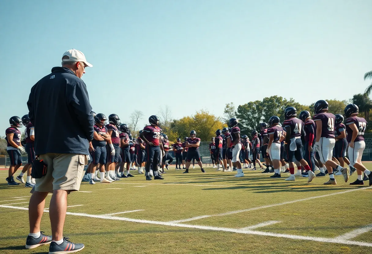 Huntington Beach High School football team practicing on the field