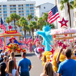 Parade participants and spectators celebrating the Fourth of July in Huntington Beach